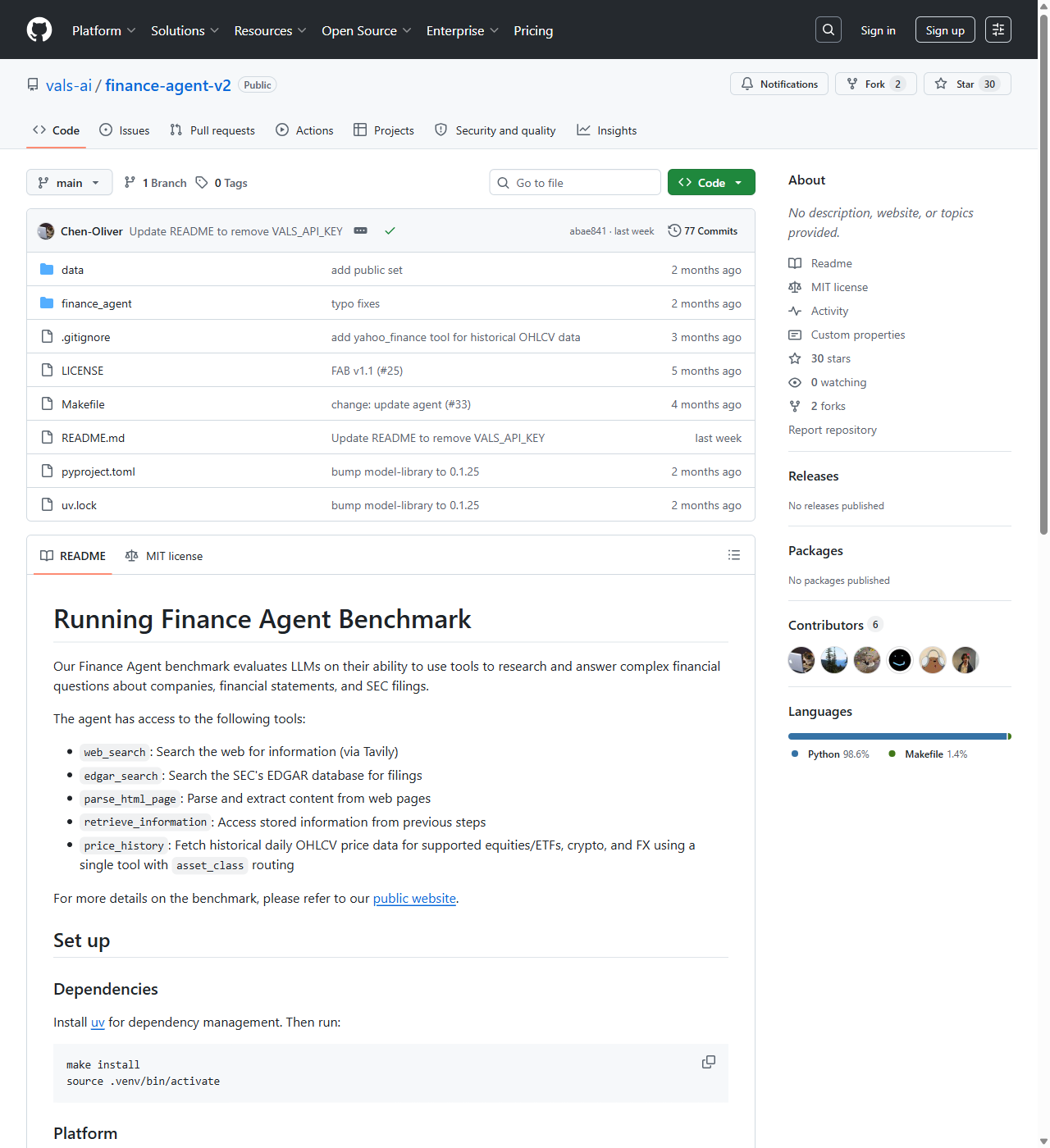 GitHub repository vals-ai/finance-agent-v2, MIT license, showing the README that lists the agent tools: web_search via Tavily, edgar_search, parse_html_page, retrieve_information and price_history