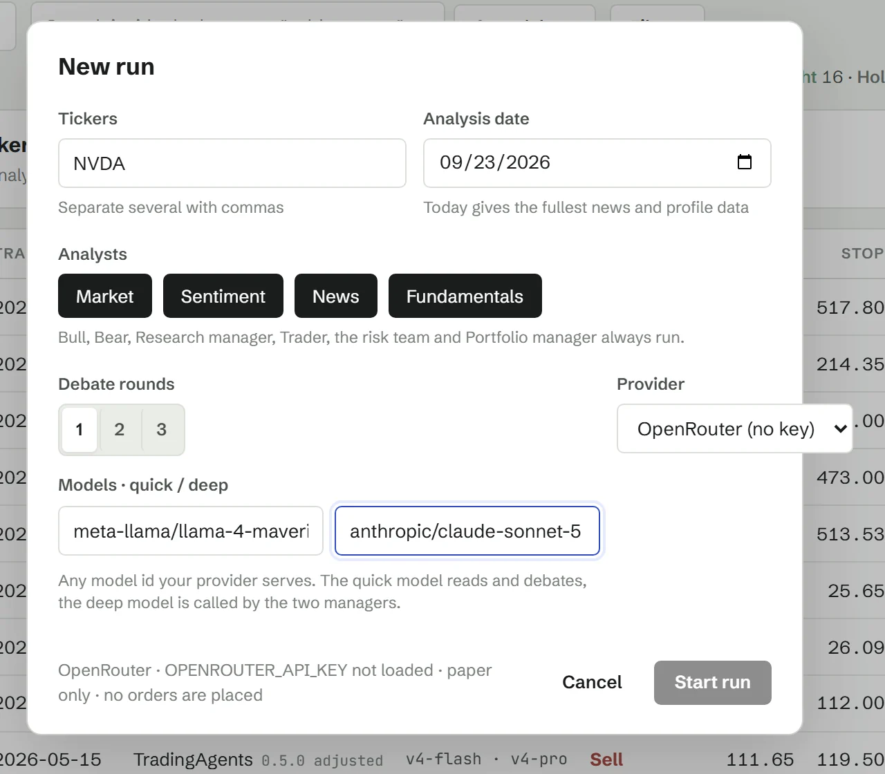 New run dialog with OpenRouter selected and two custom model ids typed in