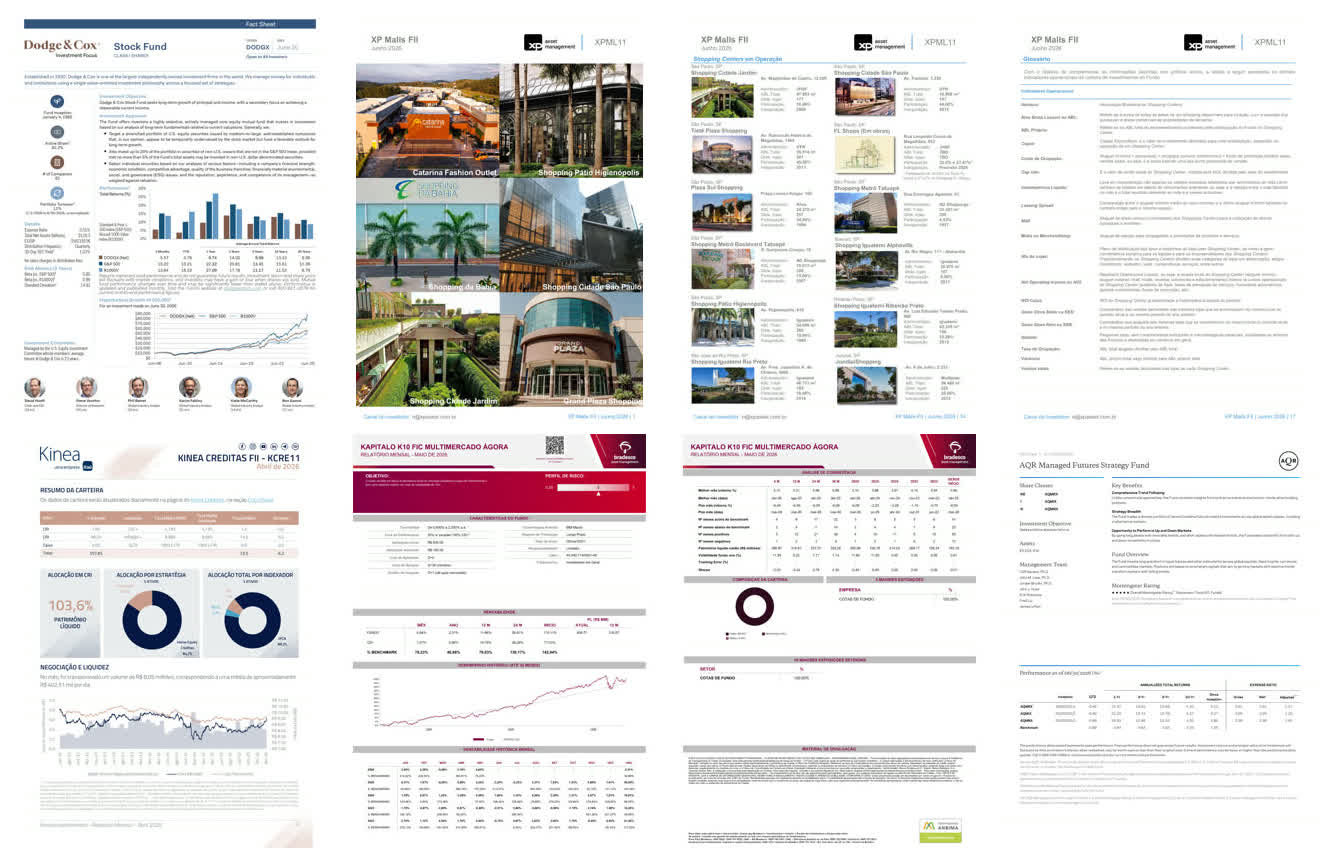 Screenshots of many real fund reports used as references