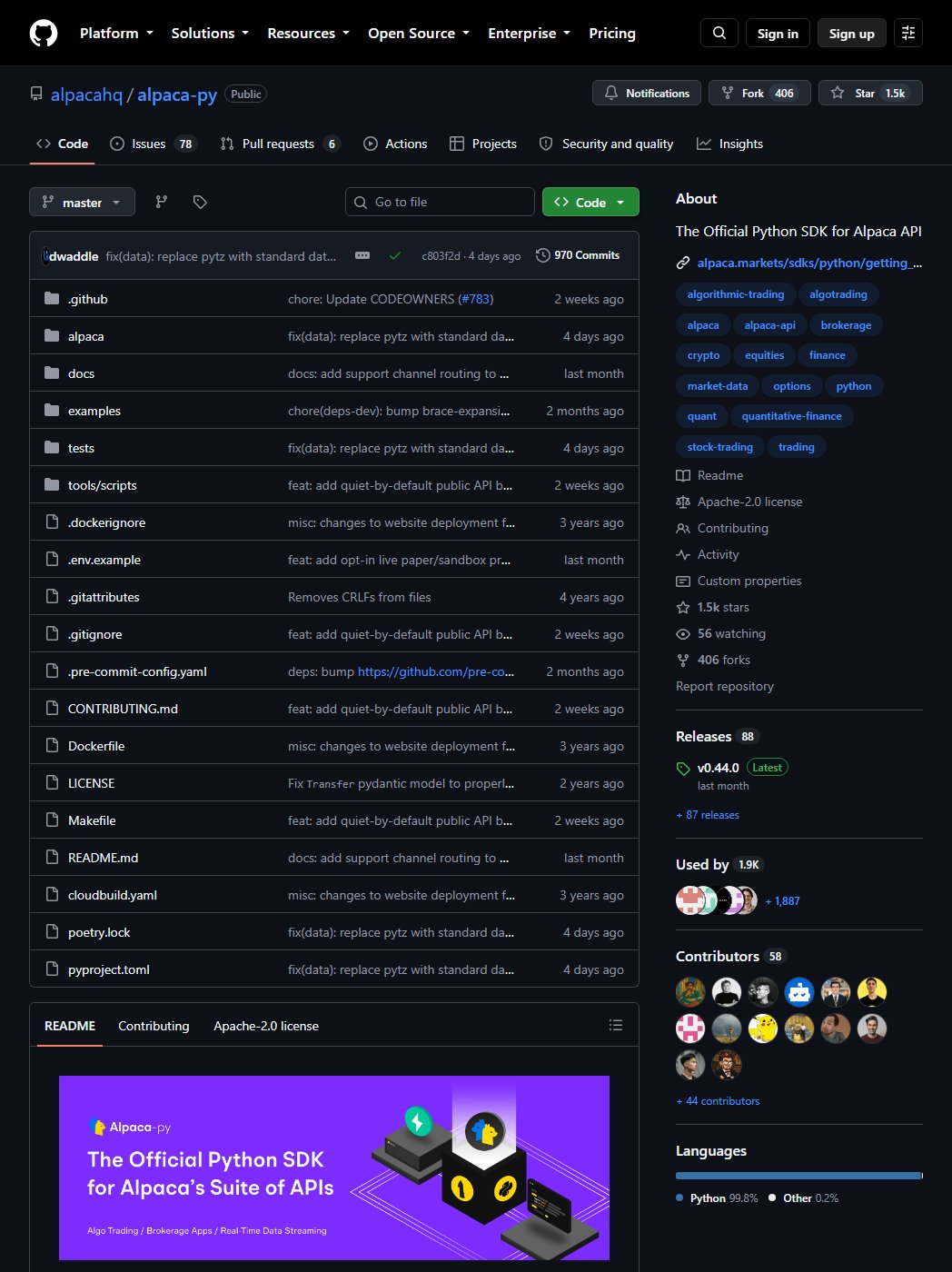 GitHub repository page for alpacahq/alpaca-py, the official Python SDK for the Alpaca API, Apache 2.0 licence, 1,500 stars, 88 releases