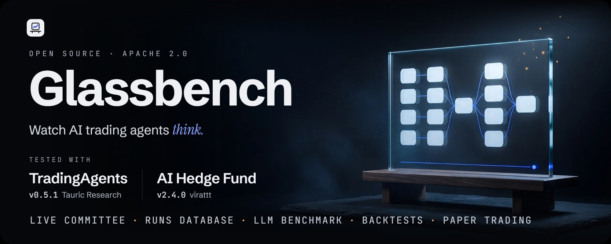 Glassbench banner: open source, Apache 2.0, watch AI trading agents think, tested with TradingAgents v0.5.1 by Tauric Research and AI Hedge Fund v2.4.0 by virattt, live committee, runs database, LLM benchmark, backtests, paper trading