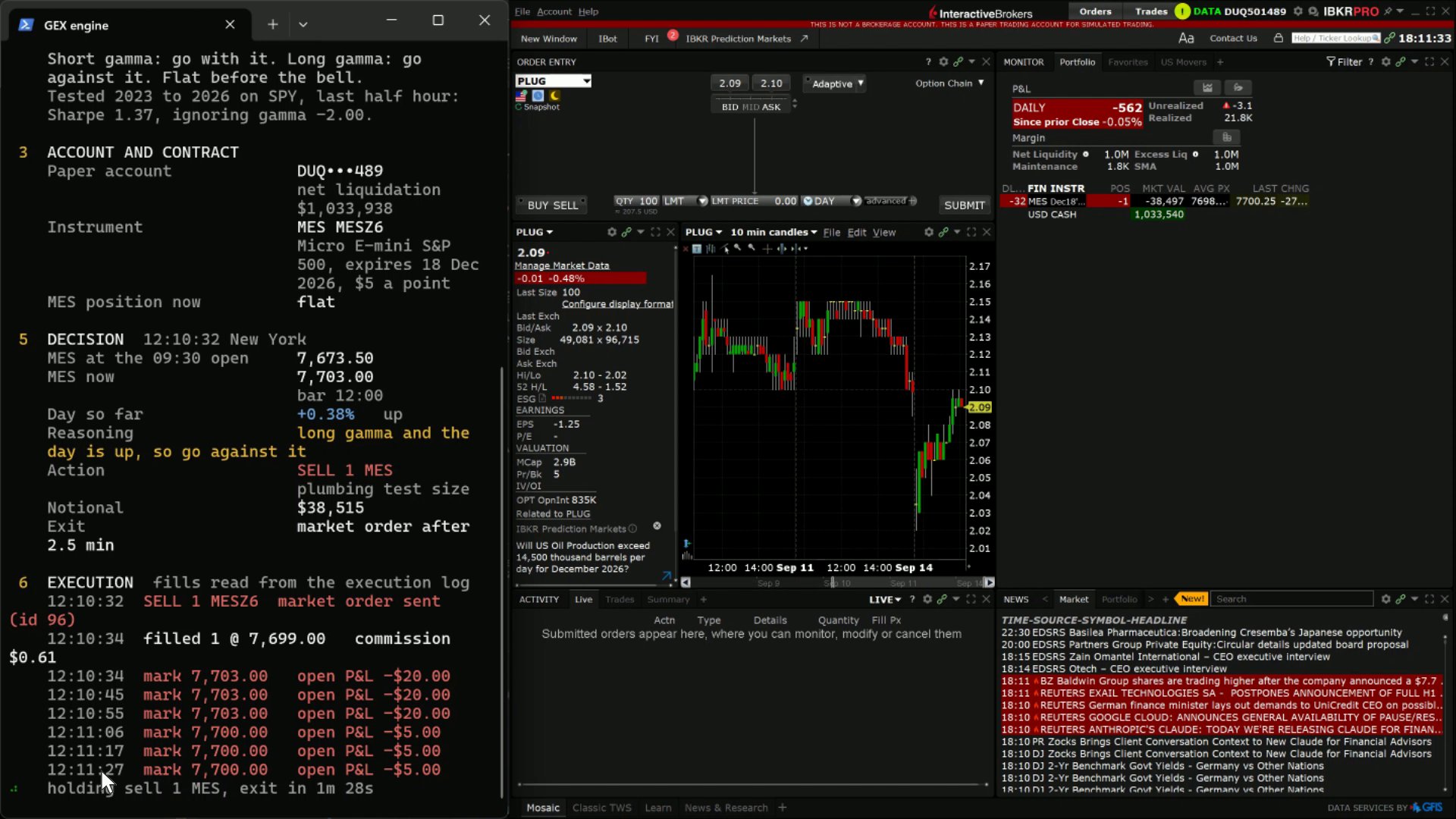 Trading desk with a Python engine terminal on the left showing a MES sell order filled at 7,699.00 and open P&L marked every 10 seconds, and Interactive Brokers TWS paper account on the right with the portfolio, a PLUG chart and the news feed