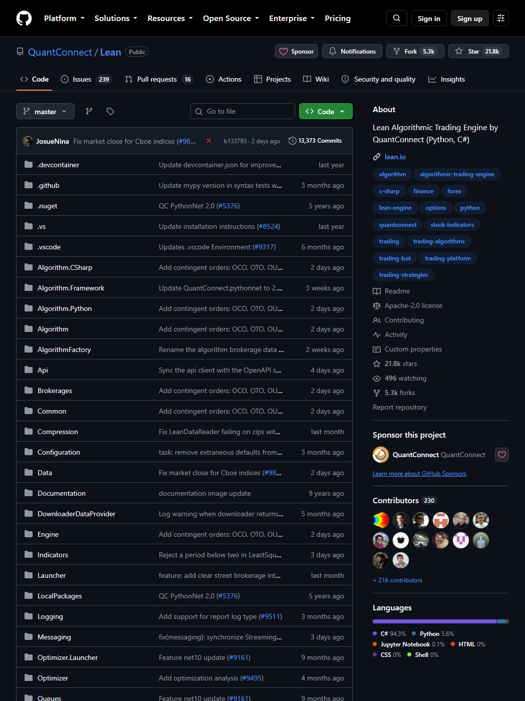 GitHub repository page for QuantConnect/Lean, Lean algorithmic trading engine by QuantConnect in Python and C#, Apache 2.0 licence, 21,800 stars, 13,373 commits