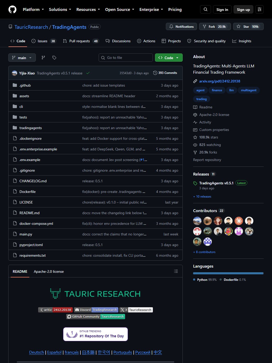 GitHub repository page for TauricResearch/TradingAgents, multi agents LLM financial trading framework, Apache 2.0 licence, 109,000 stars, release v0.5.1