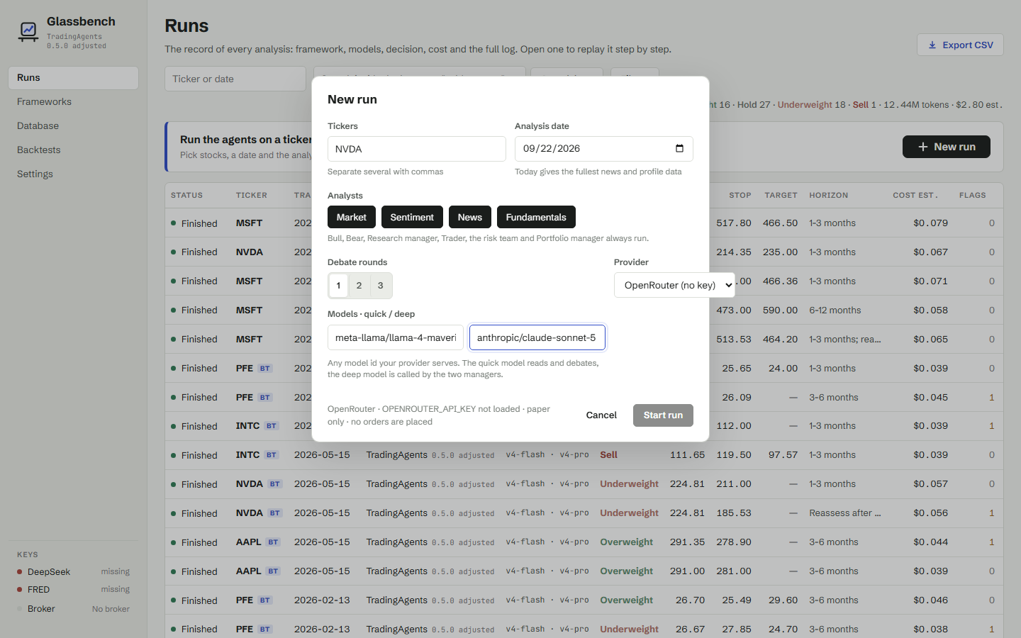 The New run dialog: provider, model ids, analysts and debate rounds