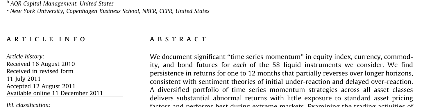 Abstract of Moskowitz, Ooi and Pedersen 2012, documenting significant time series momentum in 58 liquid instruments with persistence for one to 12 months that partially reverses over longer horizons